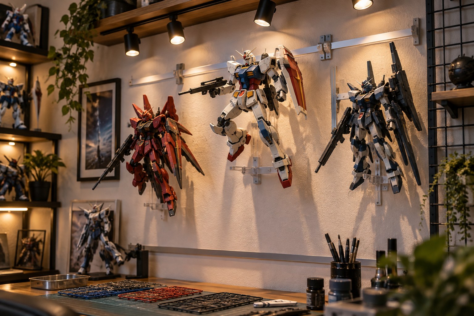ガンプラを壁掛けで飾る収納術のイメージ